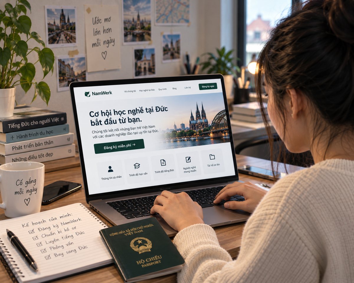 Ứng viên điền hồ sơ đăng ký NamWerk trên máy tính