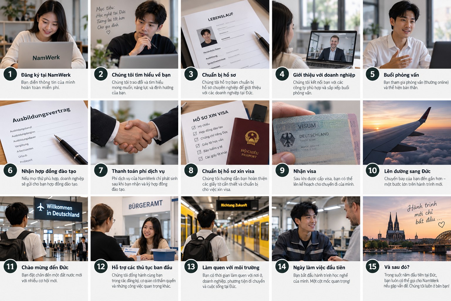Toàn bộ mười lăm bước từ lúc đăng ký với NamWerk đến ngày làm việc đầu tiên tại Đức