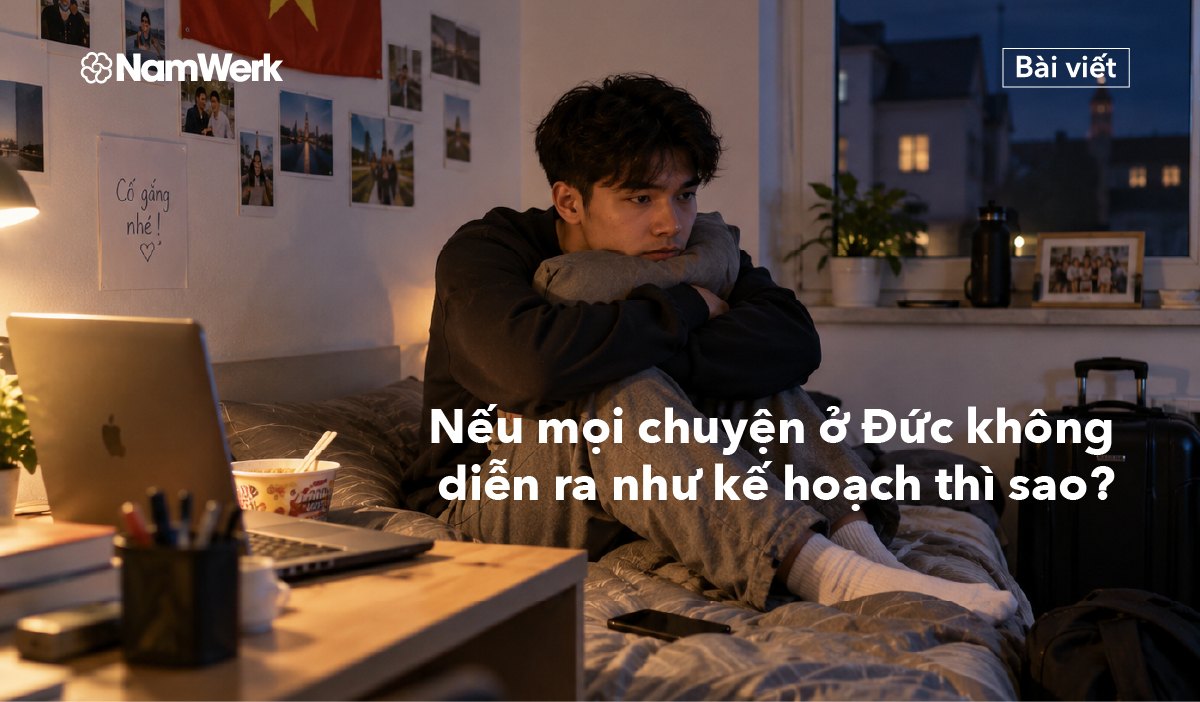 Học viên ngồi một mình trong phòng vào buổi tối tại Đức